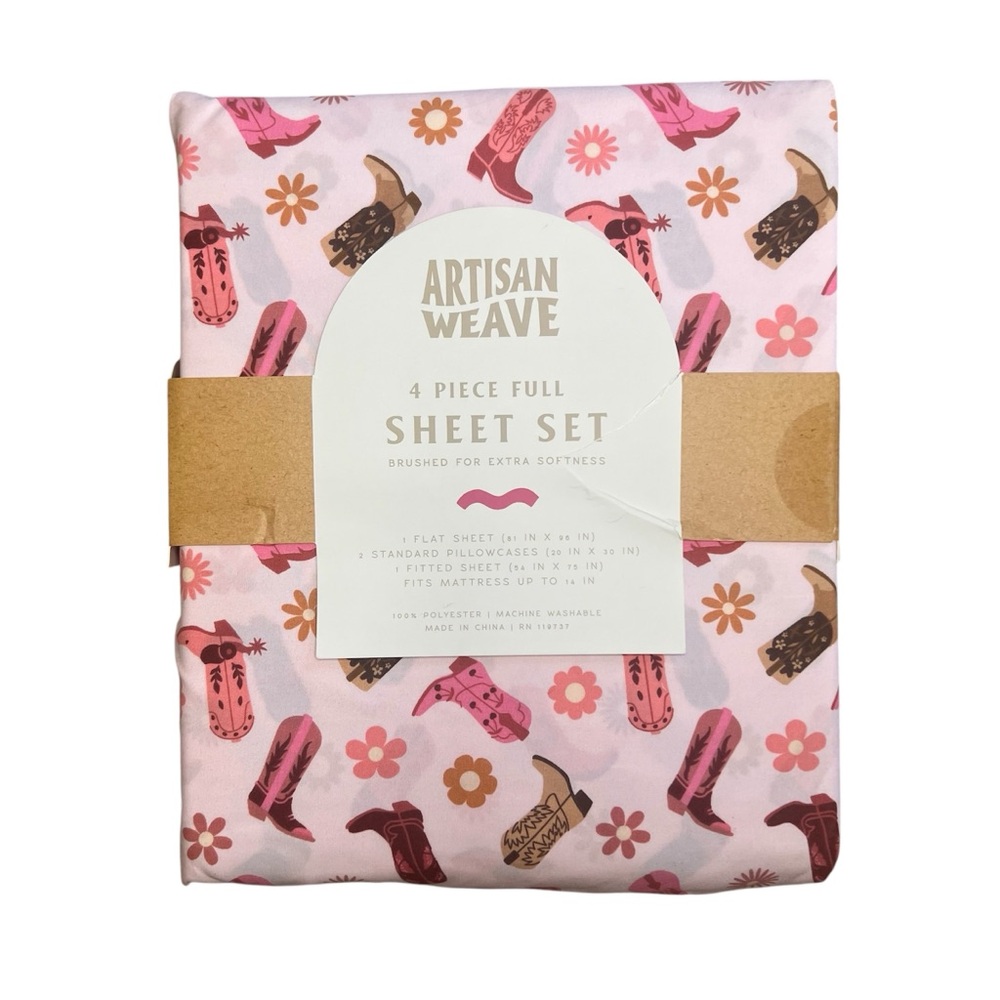Artisan Weave Pink Floral Western Cowboy Boot Sheets Full Size 4-Piece Set NWT